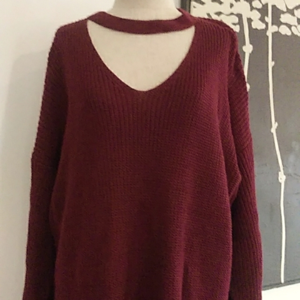 NWT GREAT ZENANA OVERSIZED, LONG SWEATER WITH CHOKER NECKLINE. SZ XL. WINE COLOR